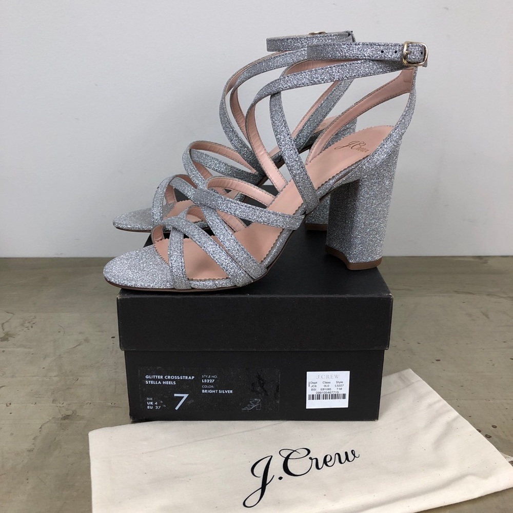 J. Crew Stella Heels in Silver Glitter